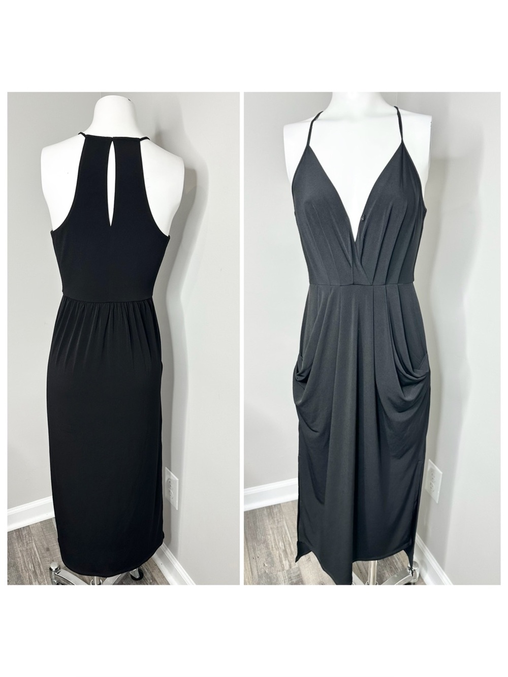 BCBGeneration Black Spaghetti-Strap Midi Dress with Draped Pockets- small